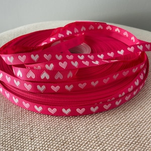 3/8” Valentine Pink and White Hearts on Shocking Pink  Grosgrain Ribbon By The Yard