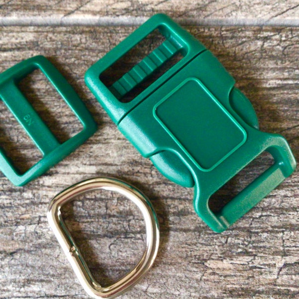 1” Green Dog Collar Hardware- 1” Buckle, Tri Glide Slide and Welded Metal D Ring