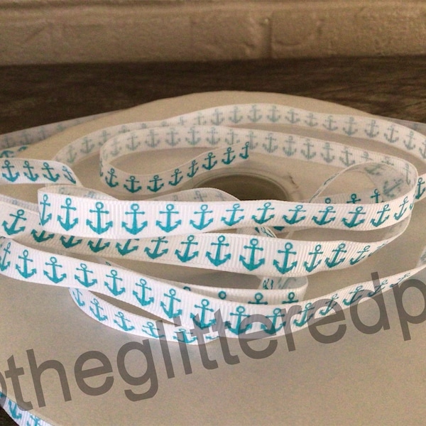 3/8” Aqua Blue Anchors on White Grosgrain Ribbon