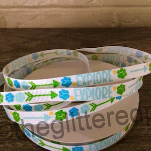 3/8” Explore on White Grosgrain Ribbon