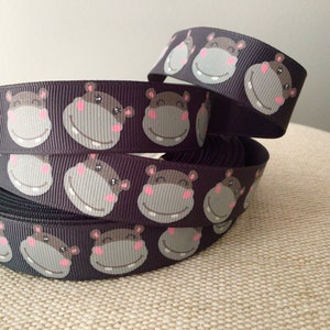 7/8” Hippos on Grey Grosgrain Ribbon