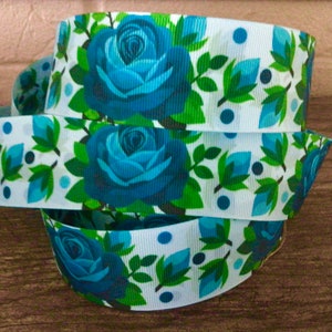 1.5” Teal Roses on Light Teal Grosgrain Ribbon