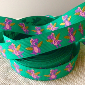 7/8” Dragons on Parrot Green Grosgrain Ribbon