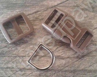 5/8" Brown Dog Collar Hardware - 5/8" Buckle, Tri Glide Slide and Metal D Ring