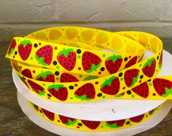 7/8” Strawberries on Yellow Grosgrain Ribbon