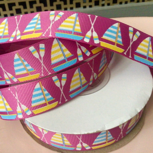 7/8” Sailboats and Oars on Raspberry Grosgrain Ribbon