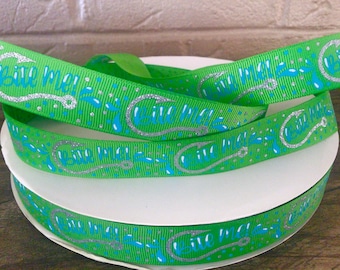 7/8” Fish Hook Bite Me on Green Grosgrain Ribbon