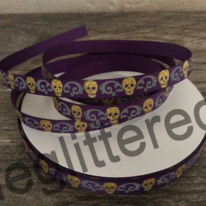 3/8” Halloween Skulls on Purple Grosgrain Ribbon