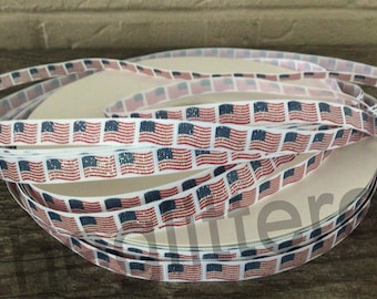 3/8” American Flags on White Grosgrain Ribbon