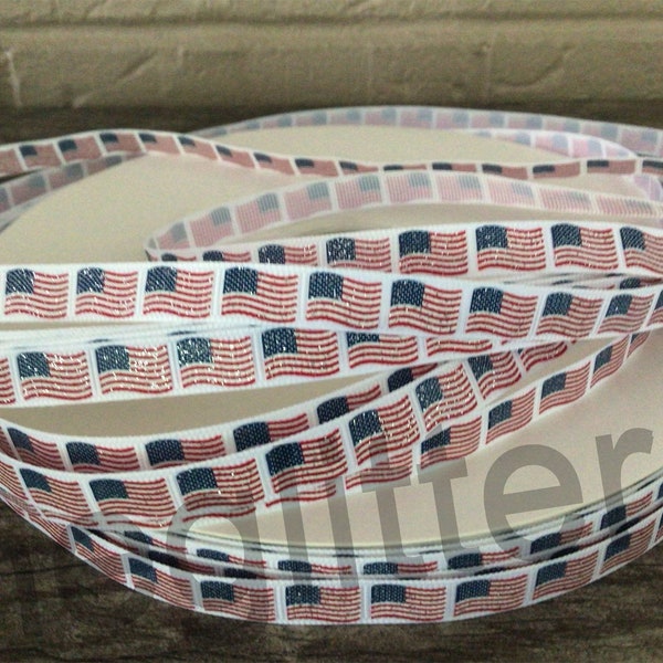 3/8” American Flags on White Grosgrain Ribbon