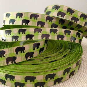 7/8” Black Bears on Olive Green and Tan Buffalo Plaid Grosgrain Ribbon