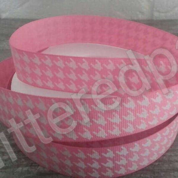 7/8" White Houndstooth on Coral Grosgrain Ribbon