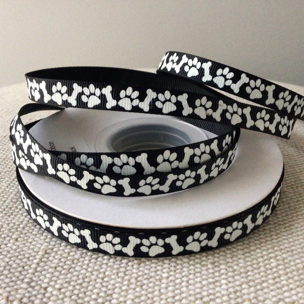 3/8" Glow in the Dark Bones and Paws on Black Grosgrain Ribbon