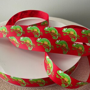 7/8” Chameleons on Red Grosgrain Ribbon By The Yard