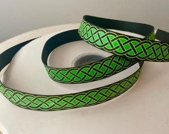 5/8" Emerald and Black Celtic Knot Grosgrain Ribbon By The Yard