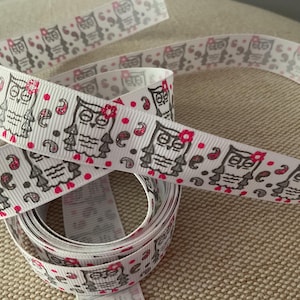 7/8&quot; Shocking Pink and Grey Owls on White Grosgrain Ribbon By The Yard