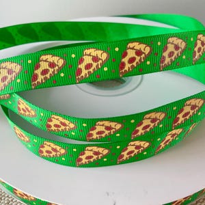 5/8” Pizza on Green  Grosgrain Ribbon By The Yard