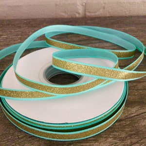 3/8&quot; Gold Glitter Stripe on Tropic Grosgrain Ribbon