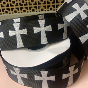 1.5” Silver Glitter Crosses on Black Grosgrain Ribbon