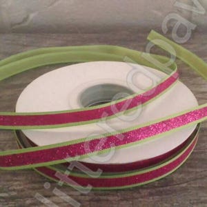 3/8&quot; Hot Pink Glitter Stripe on Lime Grosgrain Ribbon