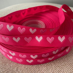 5/8” Valentine Pink and White Hearts on Shocking Pink  Grosgrain Ribbon By The Yard