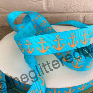 7/8” Tangerine Anchors on Aqua Grosgrain Ribbon