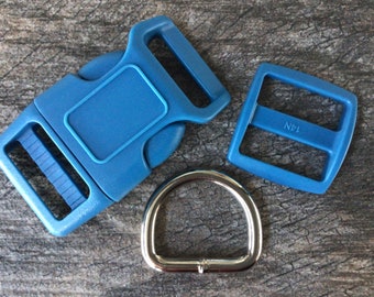 1"  Blue Dog Collar Hardware - 1" Buckle, Tri-Glide Slide, and Metal D Ring