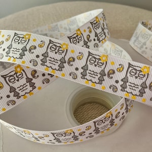 7/8&quot; Grey Owls with Yellow Grosgrain Ribbon By The Yard