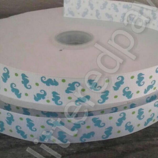 7/8" Aqua Seahorses on White Grosgrain Ribbon