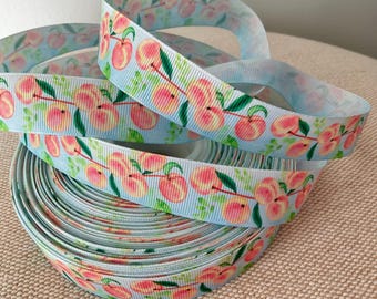 7/8” Peach Tree on Blue  Grosgrain Ribbon By The Yard
