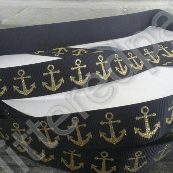 7/8" Gold Glitter Anchors on Black Grosgrain Ribbon