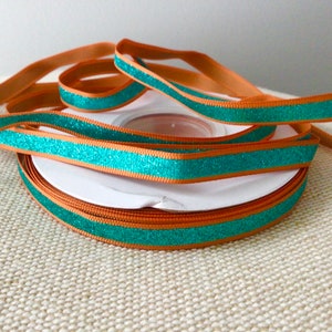 3/8&quot; Aqua Glitter Stripe on Russet Orange Grosgrain Ribbon