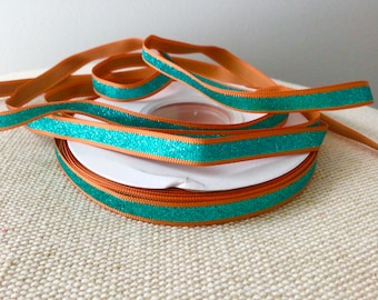 3/8" Aqua Glitter Stripe on Russet Orange Grosgrain Ribbon