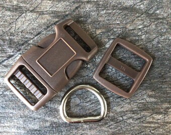 3/4” Brown Dog Collar Hardware - 3/4” Buckle, Tri Glide Slide and Welded Metal D Ring