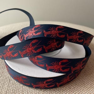 5/8” Nautical Red Lobsters on Navy Blue Grosgrain Ribbon By The Yard