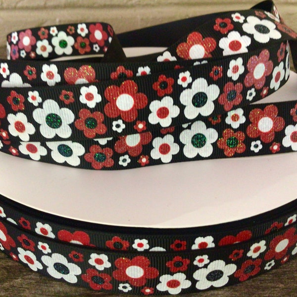 7/8” Summer Flowers on Black Grosgrain Ribbon