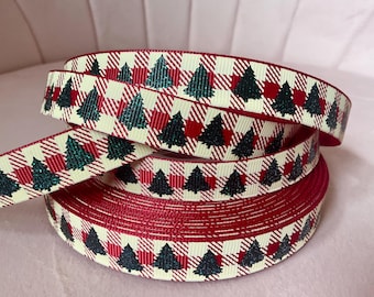 5/8” Christmas Trees on Red and Cream Buffalo Plaid Grosgrain Ribbon By The Yard