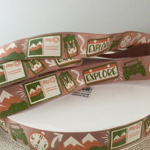 7/8” Explore the World on Tan Grosgrain Ribbon