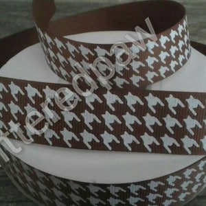 7/8&quot; White Houndstooth on Brown Grosgrain Ribbon