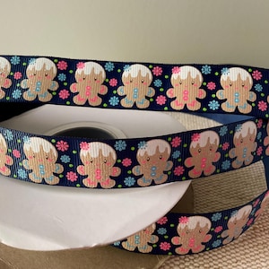 7/8” Gingerbread Man on Blue Grosgrain Ribbon By The Yard
