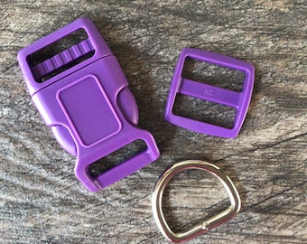 1" Purple Dog Collar Hardware - 1" Buckle, Tri- Glide Slide and Metal D Ring