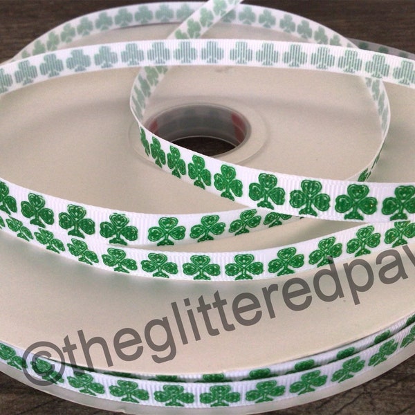 3/8” Celtic Knot Shamrocks on White Grosgrain Ribbon