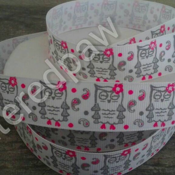 7/8" Shocking Pink and Grey Owls on White Grosgrain Ribbon
