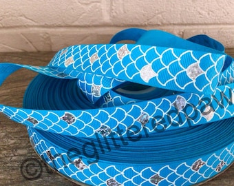 7/8” Fish Scales on Aqua Grosgrain Ribbon By The Yard