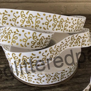 7/8” Gold Glitter Confetti on White Grosgrain Ribbon