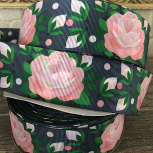 1.5” Coral Pink Roses on Charcoal Grey Grosgrain Ribbon