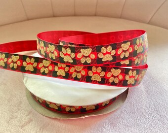 5/8”  Gold Glitter Paw Prints on Red and Black Plaid Grosgrain Ribbon By The Yard