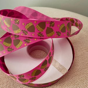 7/8&quot; Acorns on Raspberry Grosgrain Ribbon By The Yard
