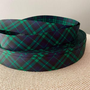 7/8” Classic Navy Blue, Black and Dark Green Plaid Grosgrain Ribbon