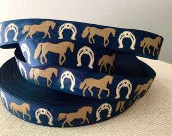 7/8” Horses and Horseshoes on Navy Blue Grosgrain Ribbon By The Yard